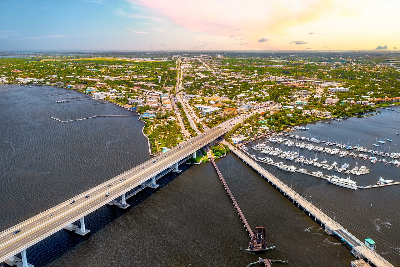 Aerial view of Martin County, FL highlighting waterfront neighborhoods and properties served by Jason's Arborcare professional tree care and arborist services.